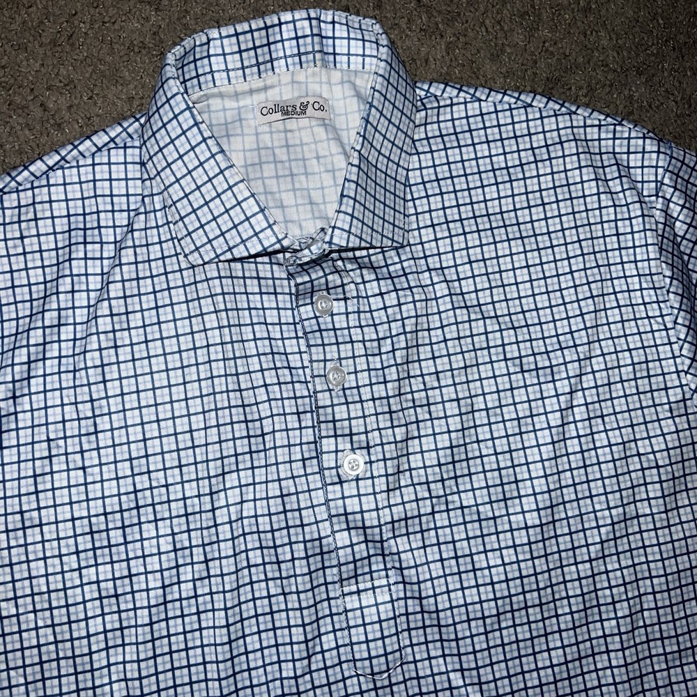 Collars And Co Shirt Mens Medium Blue Plaid Polo Preppy Short Sleeve